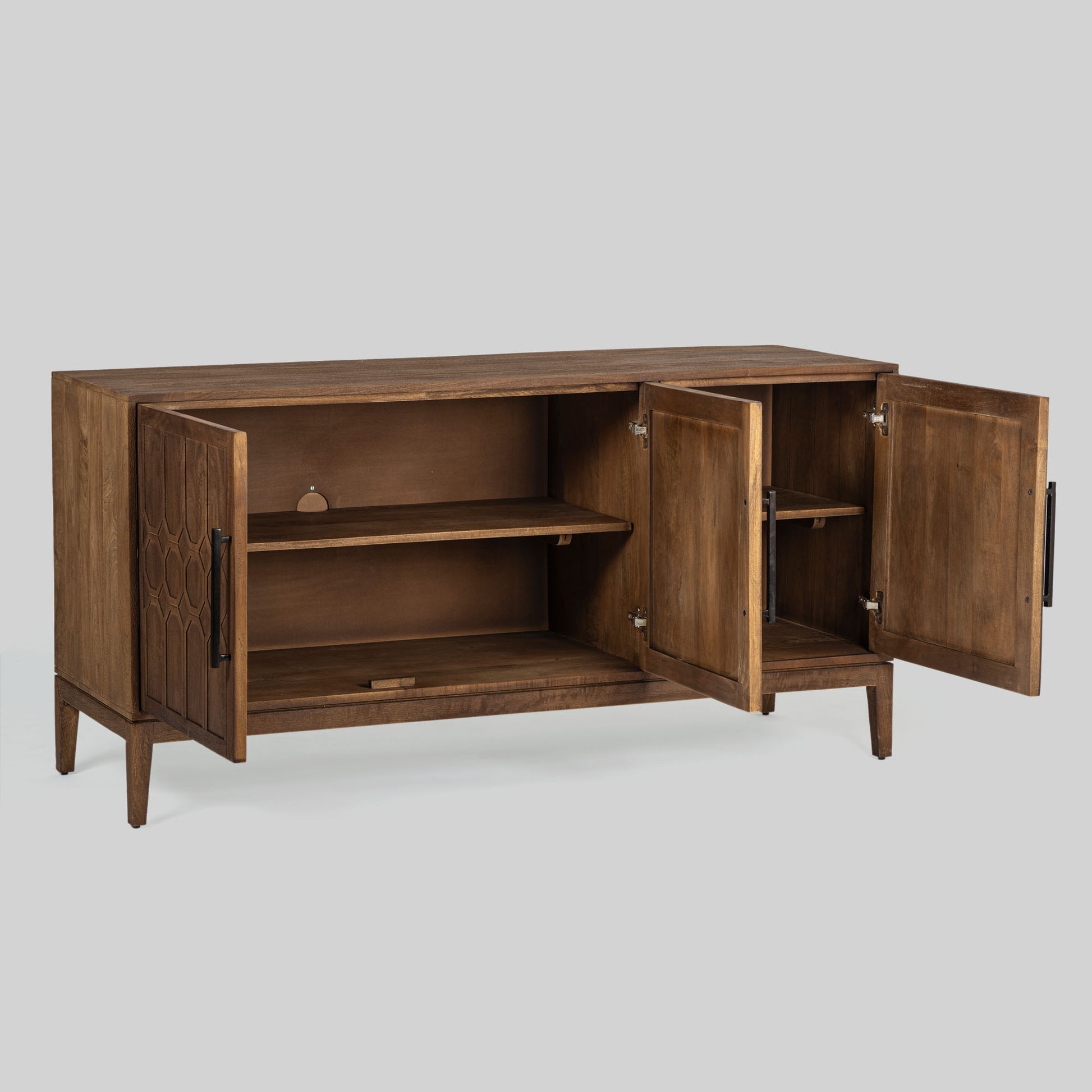 Wood sideboard with geometric pattern on a gray background.