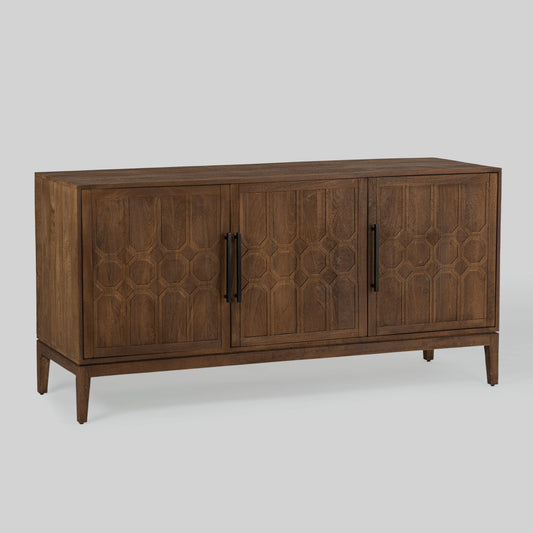 Wood sideboard with geometric pattern on a gray background.