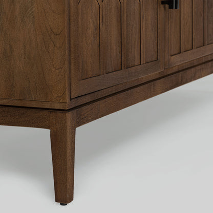 Wood sideboard with geometric pattern on a gray background.