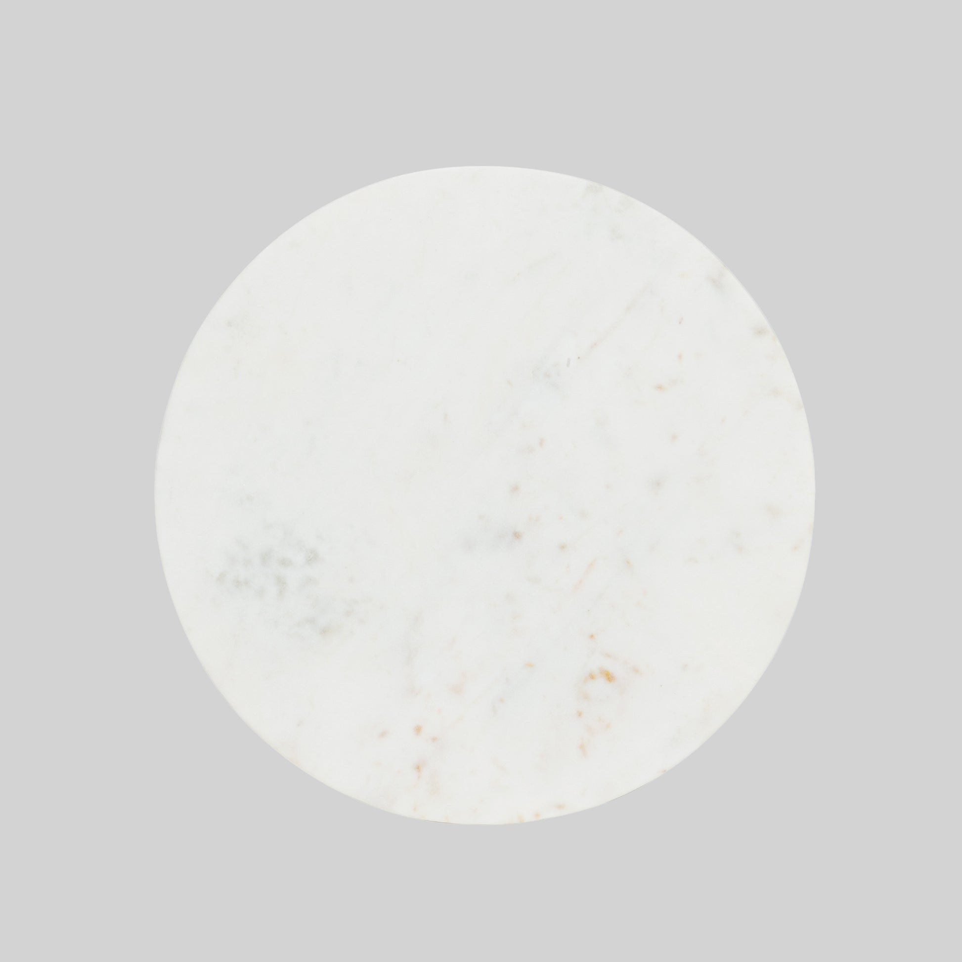 Top view of small round cocktail table with marble top and base on a gray background.