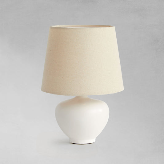 White ceramic mini lamp with gray background.