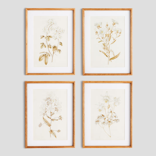 White flowers gallery wall art set on gray wall.