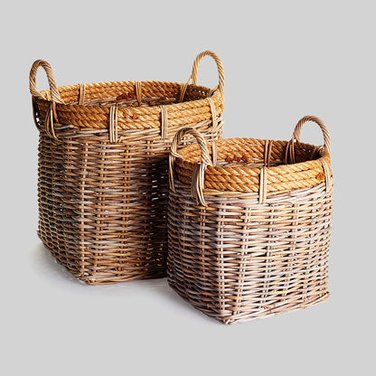 Woven rattan baskets with rope detail and gray background.