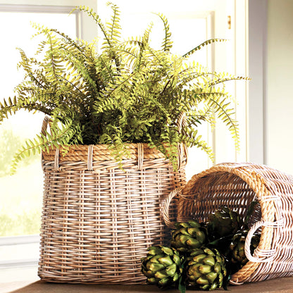 Woven rattan baskets with rope detail stylized with plants.