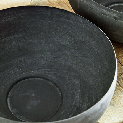 Zinc finish decorative metal bowls, set of two, closeup view of bowl top.